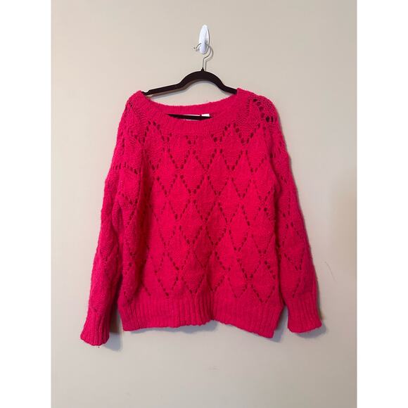 Anthropologie Sweater Sleeping on Snow Hot Pink Alpaca Open Knit Size Medium - Picture 1 of 7